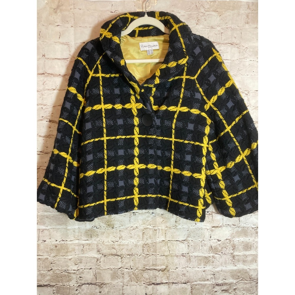 VTG Peter Martin Wool Tweed Coat Womens 10 Black & Yellow Plaid Check One Button